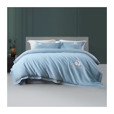 水星家紡60支長絨棉床上四件套純棉100%純棉高級感套件1.5m床 天鵝 灰藍